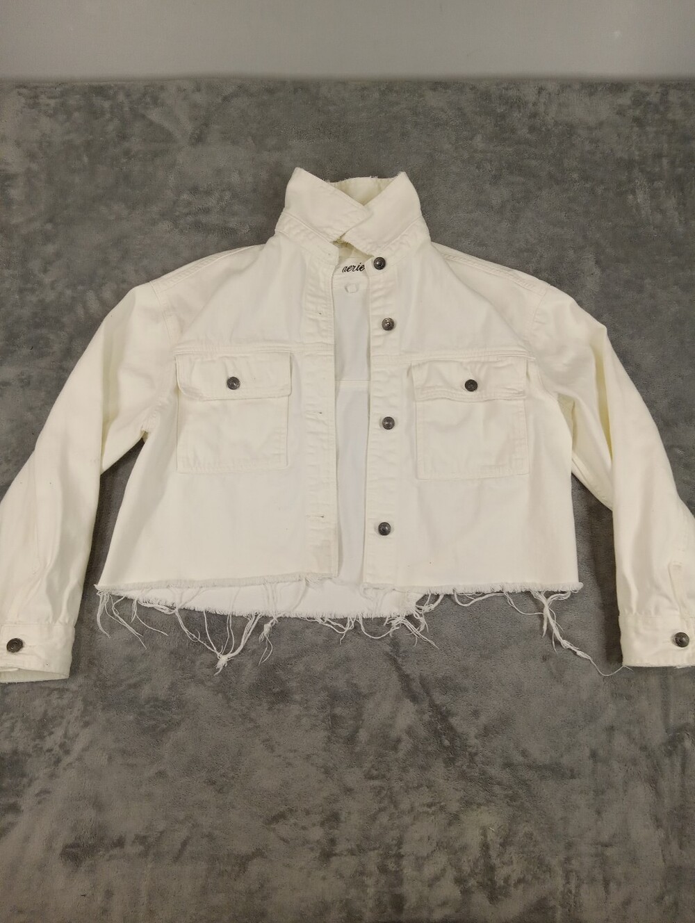 Aerie Women's White Cropped Denim Jeans  Zip-Up Jacket With Front Pockets L